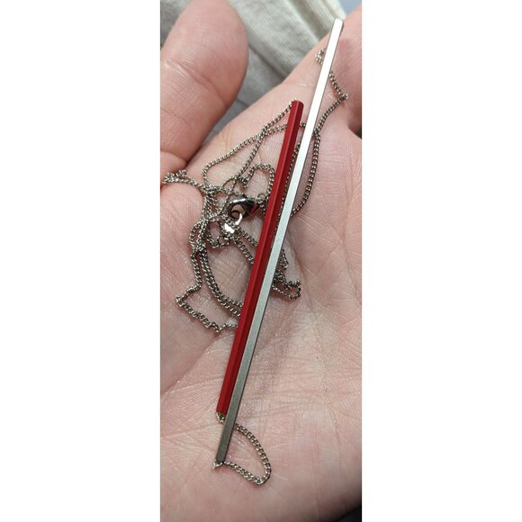 Modern Abstract Red And Silver Tone Asymmetrical Tube On Chain Necklace - Picture 3 of 5
